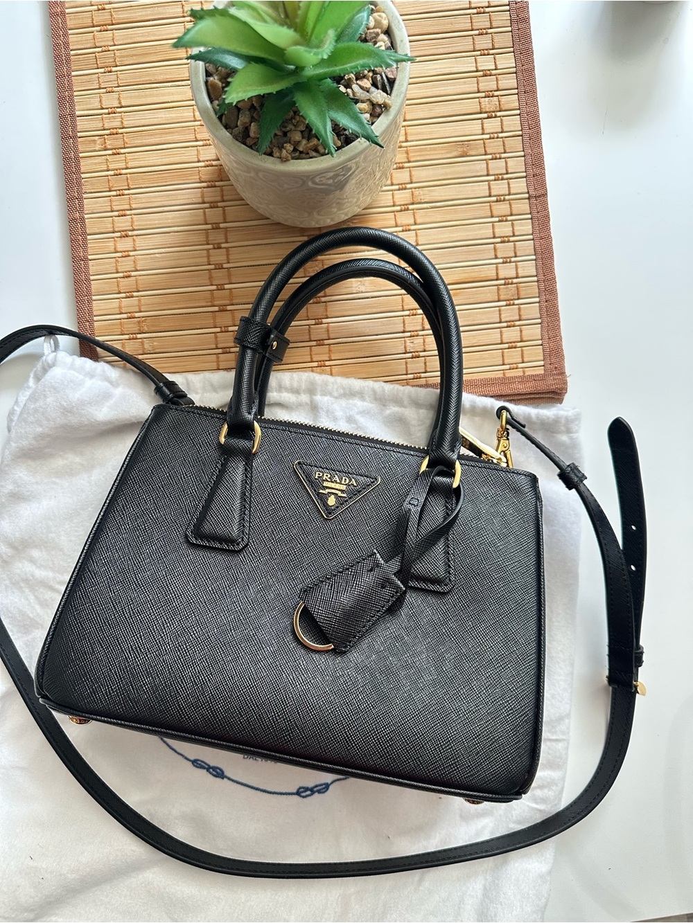 Prada Black Saffiano Leather small Satchel with Gold Hardware